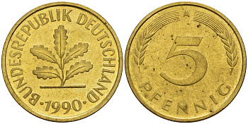 ФРГ 5 пфеннигов 1990 A J.382, KM 107 сталь плакированная латунью    4598-1064
