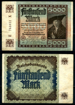 Германия 5000 марок 1922 2 декабря 1922, серия E, в/з №47 Pick 81, Розенберг 80а бумага 8617-25-2-1