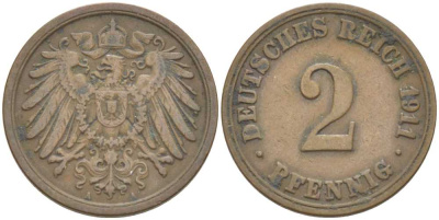 ГЕРМАНИЯ 2 ПФЕННИГА 1911 A KM 16, J. 11, Weege 4 медь 212-346