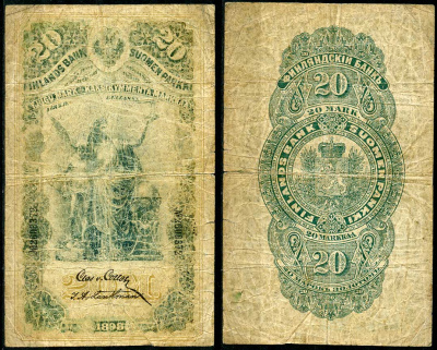 Россия для Финляндии 20 марок золотом 1898 Финляндский банк. Член правления von Collan. Кассир Landtman. Pick 5 a  бумага   451-490-1