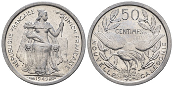 Французская Новая Каледония 50 сантим 1949 птица кагу, заморские территории KM 1 алюминий  aUNC  4609-932