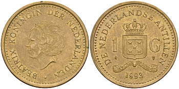 Нидерландские Антилы 1 гульден 1991 Беатрикс (1980-2013) KM 37 позолоченная сталь 4364-1834