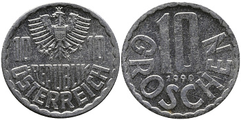 АВСТРИЯ 10 ГРОШЕЙ 1990 KM 2878 алюминий 33-342