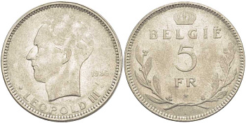 Бельгия 5 франков 1936 Леопольд III (1934-1951), Belgie KM 109 никель 3851-523