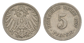 Германия 5 пфеннигов 1907 F, Вильгельм II (1888-1918) KM 11, J. 12 медно-никель 4640-123