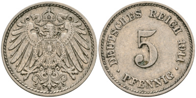 Германия 5 пфеннигов 1911 E KM 11, Jager 12, Weege 6 медно-никель 08-1337