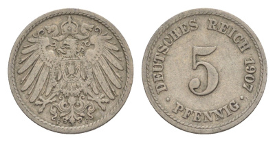 Германия 5 пфеннигов 1907 F, Вильгельм II (1888-1918) KM 11, J. 12 медно-никель 4640-123