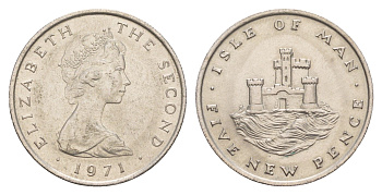 Остров Мэн 5 пенсов 1971 PM, Елизавета II (1952-2022) KM 22 медно-никель 4654-652