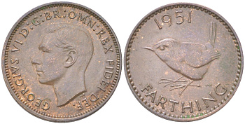 Великобритания 1 фартинг 1951 Георг VI (1936-1952) KM 867, Spink 4119 бронза 4613-521