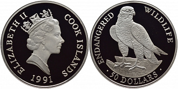 Острова Кука 50 долларов 1991 серия охрана окружающей среды, сокол KM 119 серебро PROOF 1077-2-33
