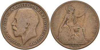 Великобритания 1 пенни 1919 Георг V (1910-1936) KM 810, Spink 4051 бронза 4572-1235
