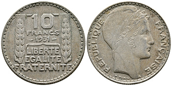 Франция 10 франков 1931 Пьер Тюрен KM 878, Le Franc 360.4 серебро 79-1411