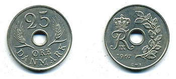 ДАНИЯ 25 ЭРЕ 1967 С; S, ФРЕДЕРИК IX (1947-1972) KM 855.1 медно-никель UNC 25-453