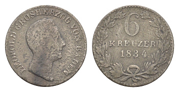 Баден 6 крейцеров 1834 Леопольд (1830-1852) KM 198 серебро 4604-1011