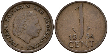 Нидерланды 1 цент 1954 Юлиана (1949-1980) KM 180 бронза    4598-158