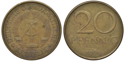 ГДР 20 пфеннигов 1969 А, первый год KM 11 латунь 62-1021