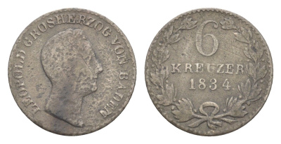 Баден 6 крейцеров 1834 Леопольд (1830-1852) KM 198 серебро 4604-1011