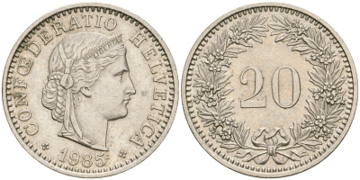 Швейцария 20 раппенов 1985 KM 29а медно-никель 4364-3244