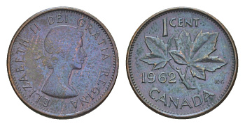 Канада 1 цент 1962 Елизавета II (1952-2022), кленовый лист KM 49 бронза 4630-538