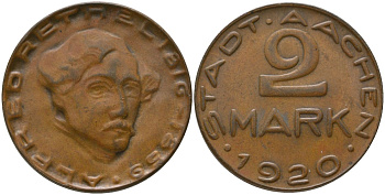 Ахен (Пруссия, Рейн) 2 марки 1920 Funck 1.17, Men05 70.63, Men18 99.63 латунь плакированная медью 4163-1152