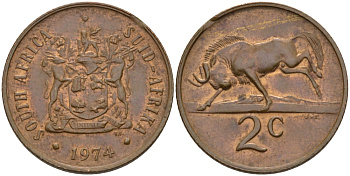 ЮАР 2 цента 1974 герб, антилопа гну KM 83 бронза 67-333