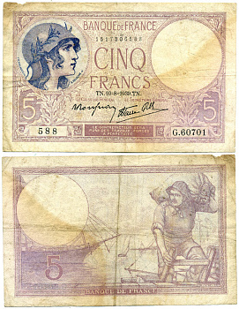 ФРАНЦИЯ 5 ФРАНКОВ 1939 10 АВГУСТА 1939, ФИОЛЕТОВЫЙ Pick 83 бумага 7217-14-1