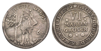 Брауншвейг-Каленберг-Ганновер 6 мариенгрошей 1699 дикарь, Георг I (1698-1727), из коллекции Ричарда Б. Смита KM 11, Welter 2179 серебро 1525-311