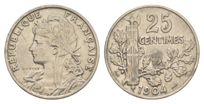Франция 25 сантимов 1904 KM 856 никель 4161-1016