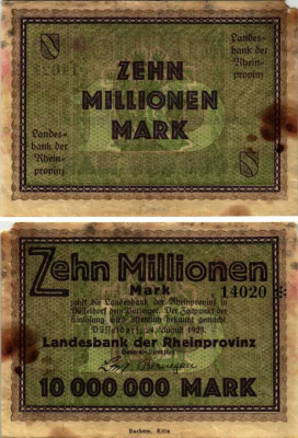 ГЕРМАНИЯ 10000000 МАРОК 1923 ДЮССЕЛЬДОРФ, 24 АВГУСТА 1923, НОГЕЛЬД, BACHEM KOLN бумага 3295-8-2-2