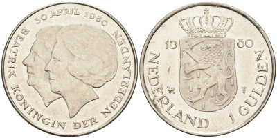 Нидерланды 1 гульден 1980 на коронацию Беатрикс, 30 апреля 1980 KM 200 никель 4586-1227
