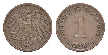 Германия 1 пфенниг 1909 A, Вильгельм II (1888-1918) KM 10, J. 10 медь 4647-841