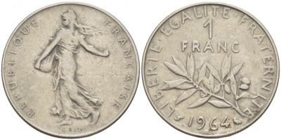 Франция 1 франк 1964 сеятель KM 925.1, Le Franc 226.8 никель 3856-937