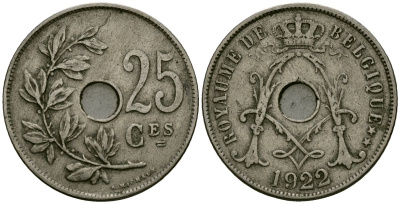 Бельгия 25 сантимов 1922 Belgique KM 68 медно-никель 4165-426