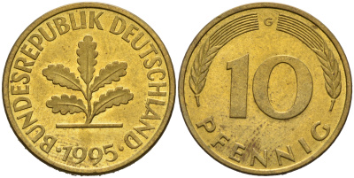 ФРГ 10 ПФЕННИГОВ 1995 G KM 108, J.383 сталь плакированная латунью 75-714