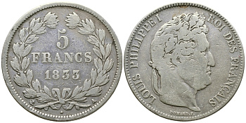 Франция 5 франков 1833 А, Луи Филипп I (1830-1848) KM 749.1 серебро 79-914