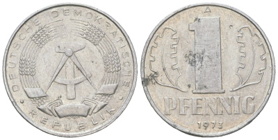 ГДР 1 пфенниг 1973 A, редкий год KM 8.1 алюминий 201-319