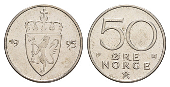 Норвегия 50 эре 1995 Харальд V (1991-), редкий год KM 418 медно-никель UNC 4635-522