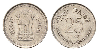 Индия 25 пайс 1988 KM 49.1 медно-никель UNC 4674-1215