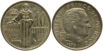 Монако 10 сантимов 1976 Ренье III (1949-2005) KM 142 алюминиевая бронза 4387-363