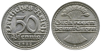 ГЕРМАНИЯ 50 ПФЕННИГОВ 1922 D KM 27, J. 301, Weege 10 алюминий 4380-916