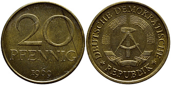 ГДР 20 пфеннигов 1969 А, первый год KM 11 латунь UNC 4397-532