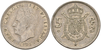 Испания 5 песет 1975 (79) Хуан Карлос I (1975-2014) KM 807 медно-никель 4155-647