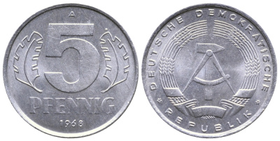 ГДР 5 ПФЕННИГОВ 1968 А KM 9.1 алюминий 26-849