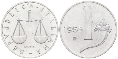 Италия 1 лира 1955 R, весы KM 91 алюминий  UNC  4594-641