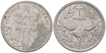 Французская Новая Каледония 1 франк 2006 птица кагу, (IEOM) KM 10, Schoen 10, Lec 52k алюминий 51-314