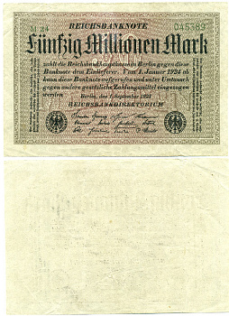 ГЕРМАНИЯ 50000000 МАРОК 1923 ВОДЯНОЙ ЗНАК D Pick 109а бумага 7548-79-2