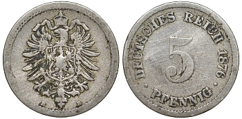 Германия 5 пфеннигов 1876 B, старогербовка KM 3, J. 3 медно-никель 51-3413