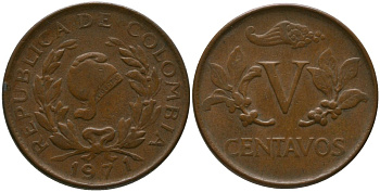 Колумбия 5 сентаво 1971 KM 206a, Schon 27a, Hernandez 384, Restrepo 372.5 сталь плакированная медью 4516-348
