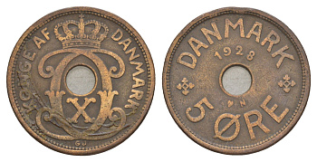 Дания 5 эре 1928 N, Кристиан X (1912-1947) KM 828 бронза 4638-614