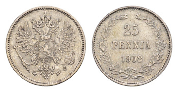 Россия для Финляндии 25 пенни 1908 L, Николай II (1894-1917) Биткин 416 серебро 4658-859